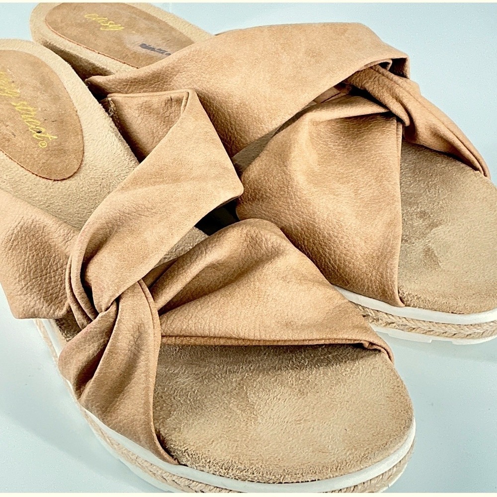 Easy Street Size 10 Tan Faux Suede Twist Knot Espadrille Wedge Sandals - Picture 2 of 14